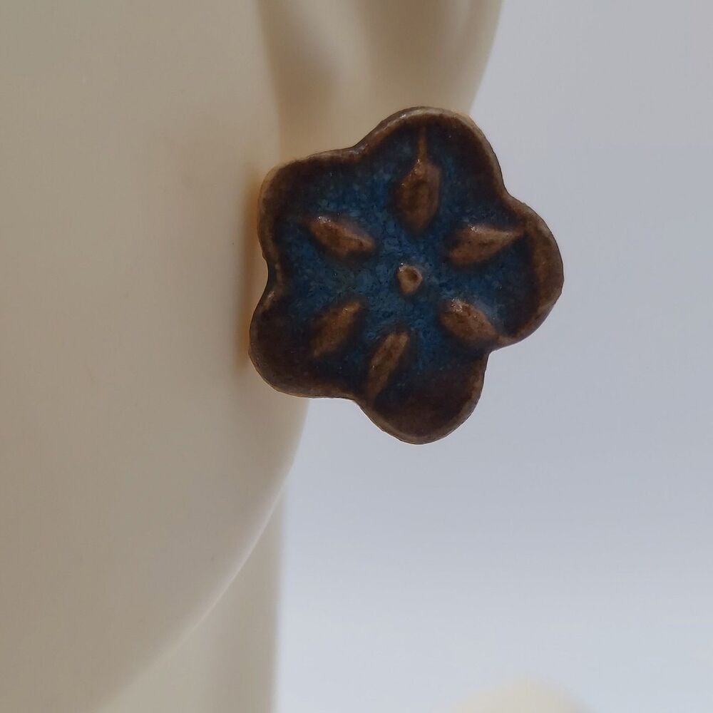 Blue Enamel Flowers Porcelain Pierced Earrings 3/4"